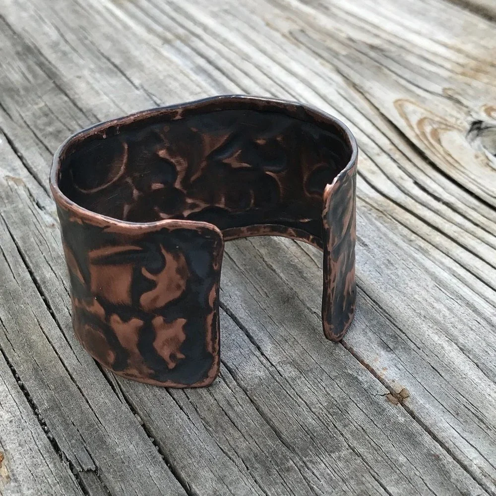 Solid Copper Floral Cuff Bracelet Wide Rustic Handmade Industrial Warrior